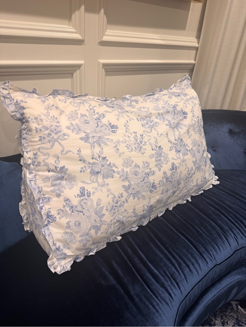 LoveShackFancy Blue and White Garden Damask Ruffle Wedge Pillow - Picture 5 of 6